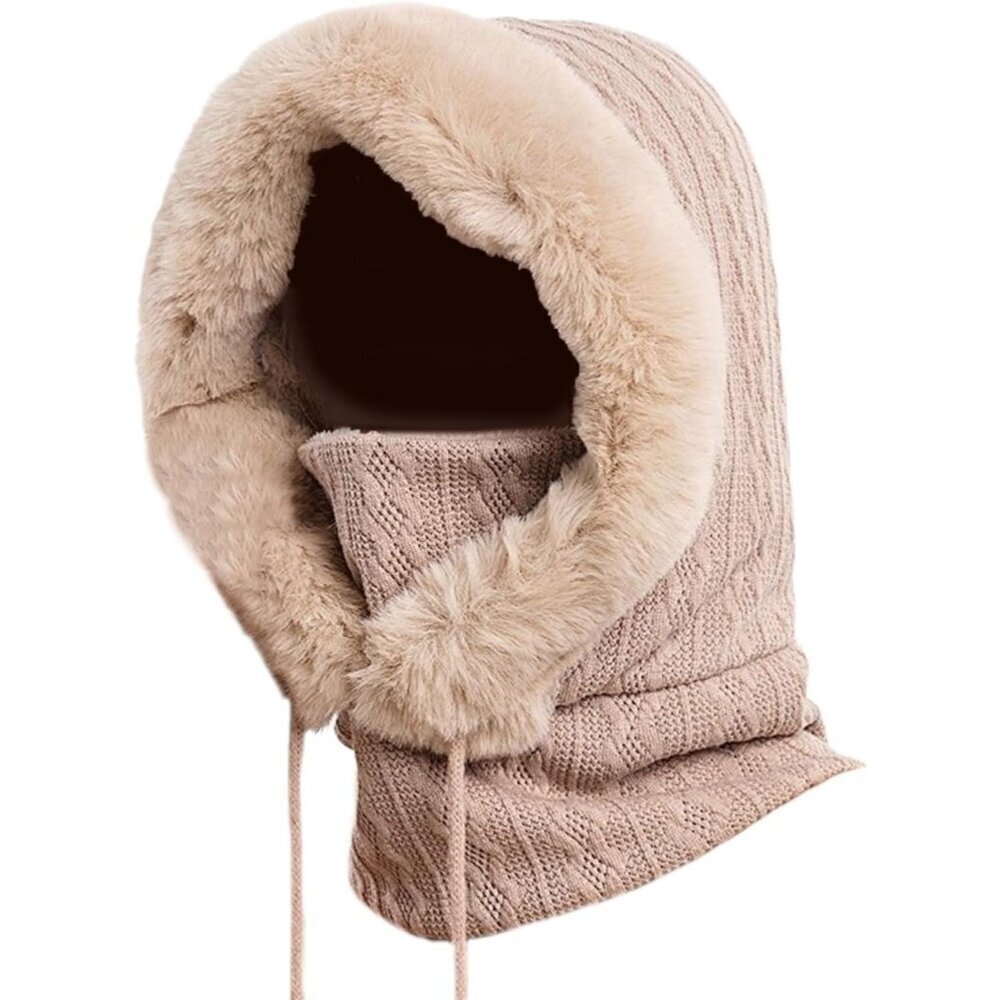 Women Beige Polyester Warm Thick Fluff Beanie Adult Neck Face  Winter Balaclava